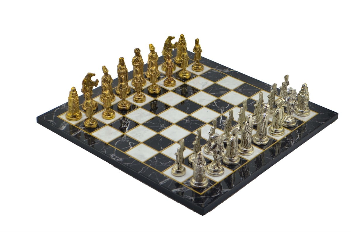 Gifthome Metal Satranç Takımı/Seti;Büyük,Osmanlı,Parlak Taş ve Düz Mermer Desenli Satranç Tahtası