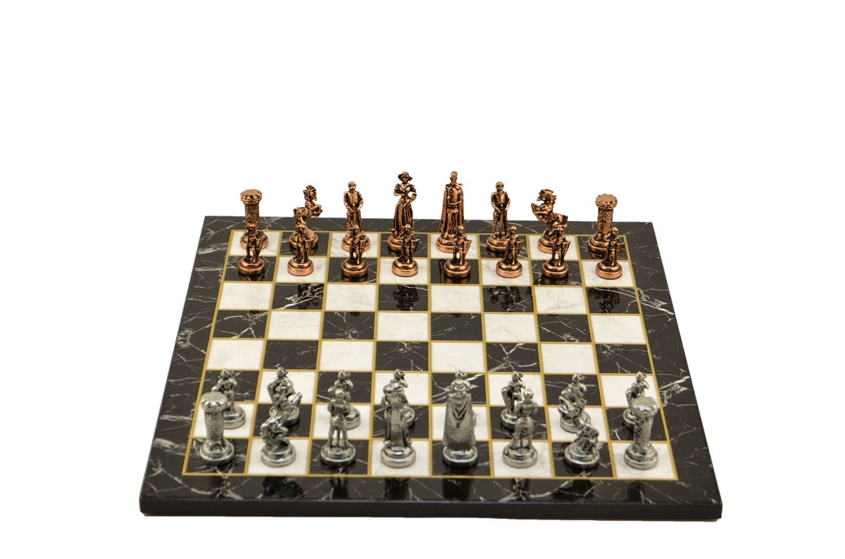 Gifthome Metal Satranç Takımı/Seti;Orta,İngiliz,Antik Taş ve Düz Mermer Desenli Satranç Tahtası