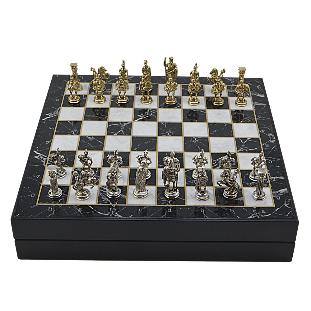 GiftHome Orta Boy Metal ROMA İMPARATORLUĞU Satranç Tk. Parlak ve Mermer Desenli Sandıklı MDF Tahtası(36X36X6 cm.) 