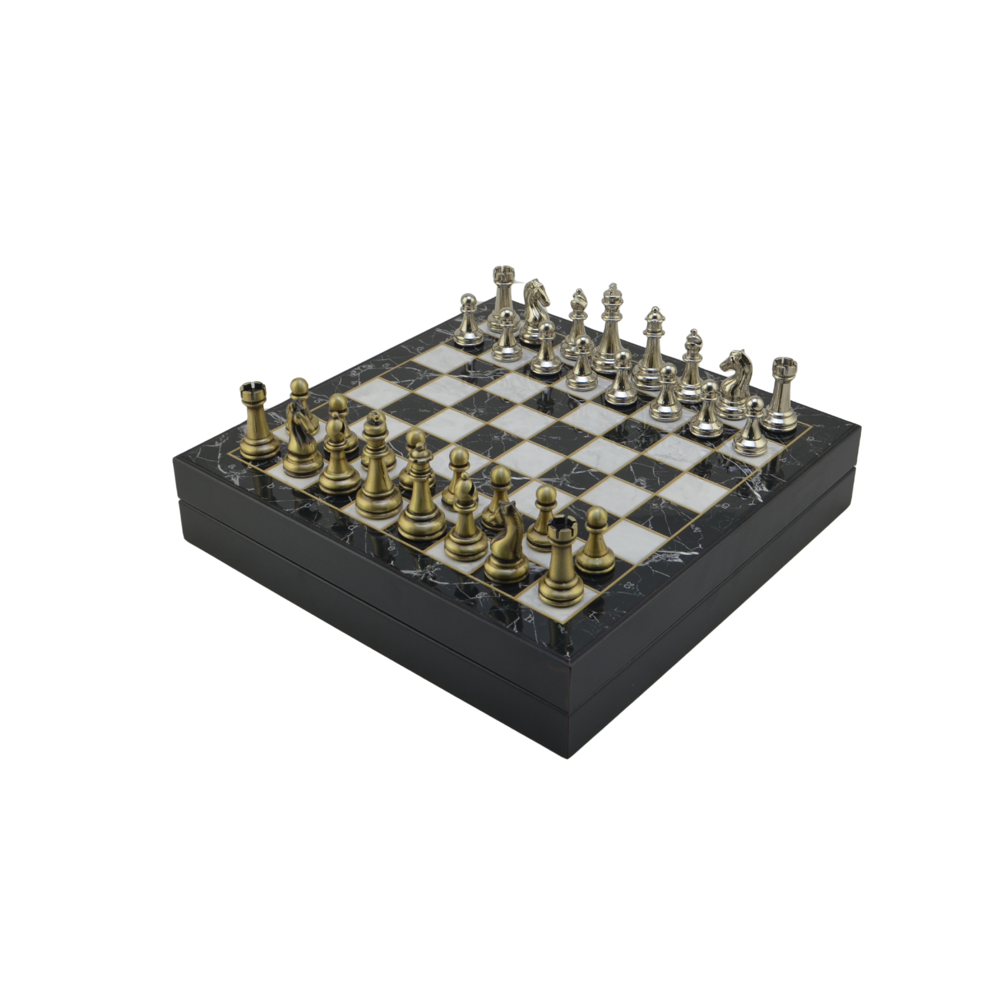 GiftHome Orta Boy Parlak Metal Klasik Satranç Takımı ve Mermer Desenli Sandıklı MDF Tahtası (30X30X6 cm.)