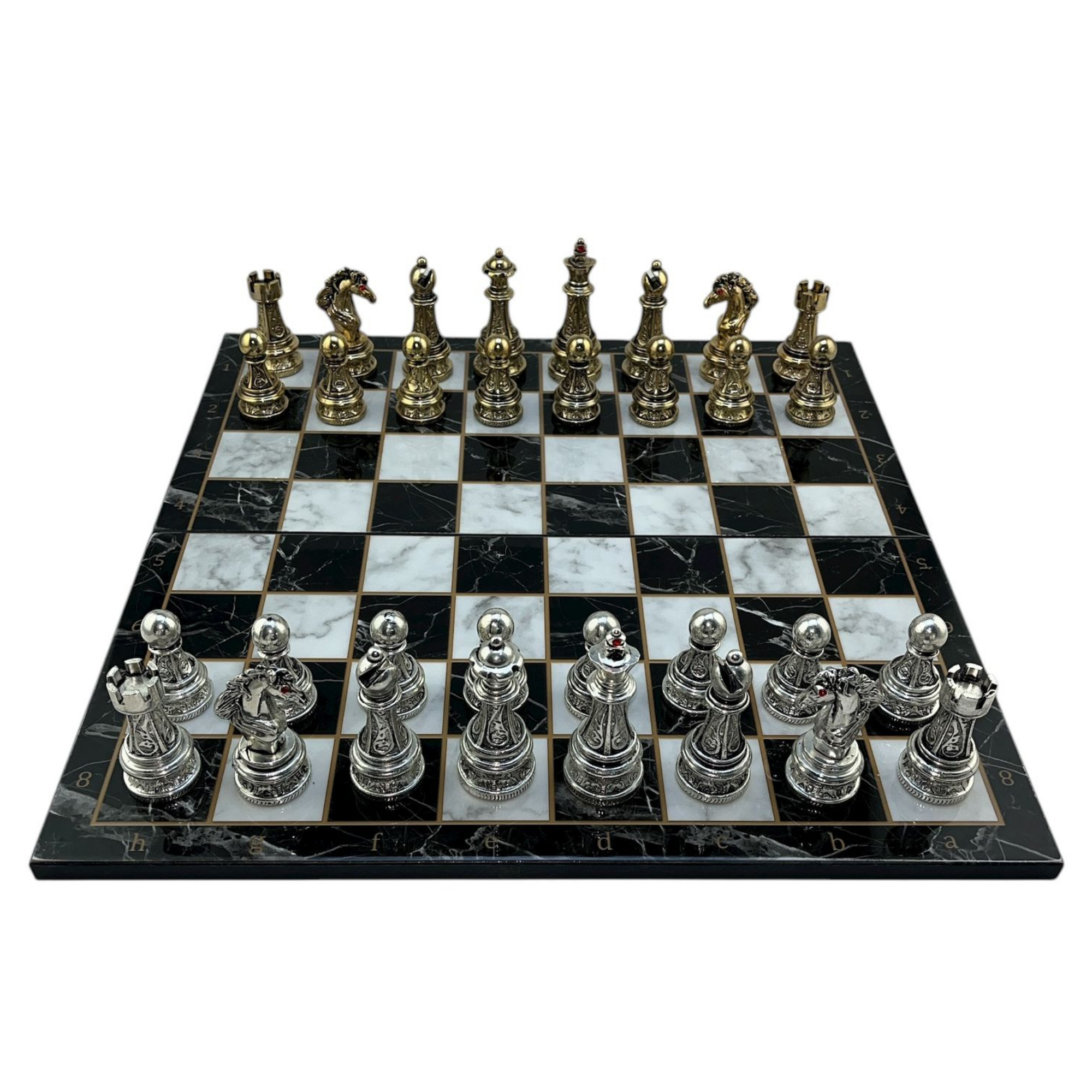 GiftHome Premium Battal Boy Metal İŞLEMELİ KLASİK Satranç Takımı  ve Katlanır Mermer Desenli MDF Satranç Tahtası (43X43 cm.)