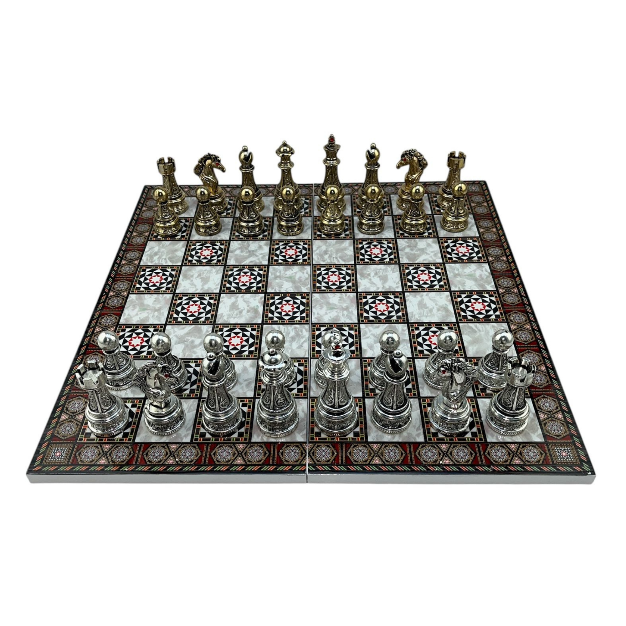 GiftHome Premium Battal Boy Metal İŞLEMELİ KLASİK Satranç Takımı  ve Katlanır Sedef Desenli MDF Satranç Tahtası (43X43 cm.)