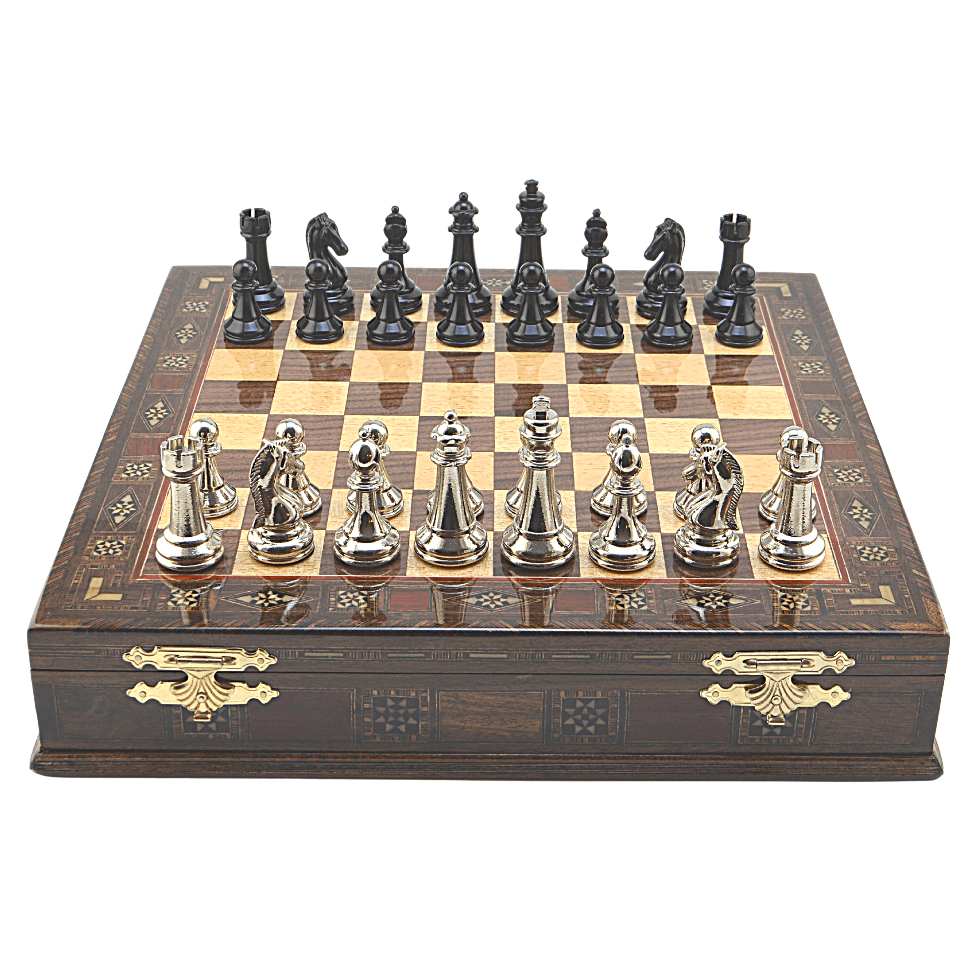 GiftHome Premium Black Metal Klasik Satranç Takımı ve El İmali Masif Ahşap Sandıklı (Ceviz) Tahtası (38X38X6 cm.)