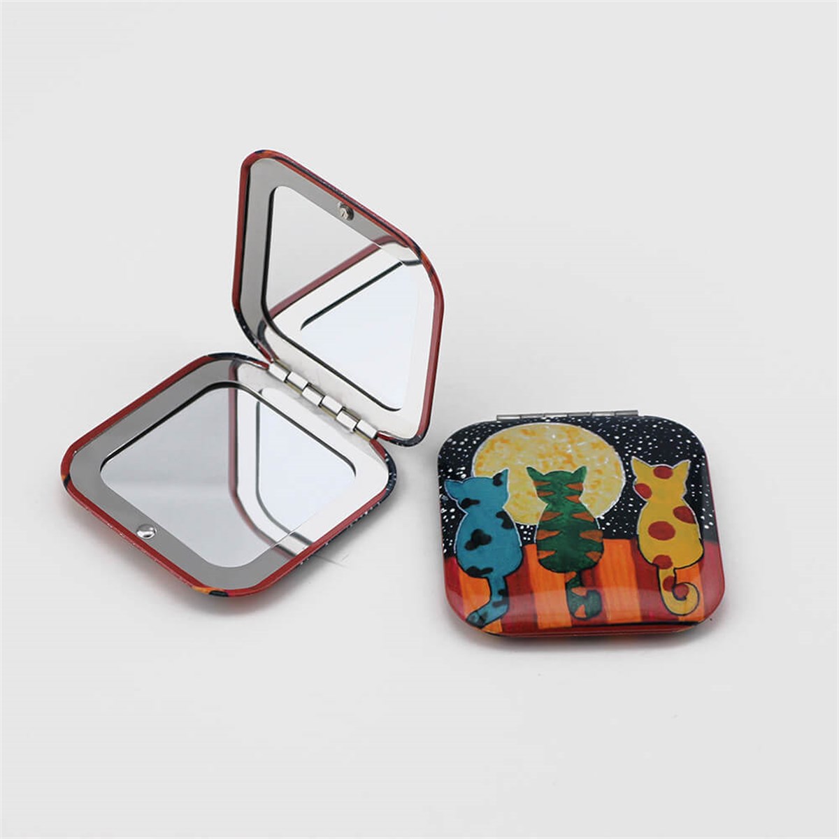 Kare Cep ve Çanta Makyaj Aynası - Kedi Resimli