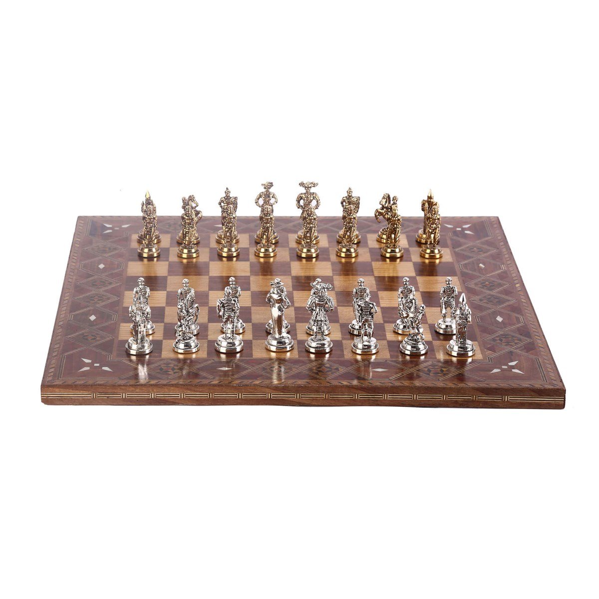 Orta Boy Metal İspanyol Satranç Takımı Parlak ve El Yapımı Masif Ahşap Düz Satranç Tahtası