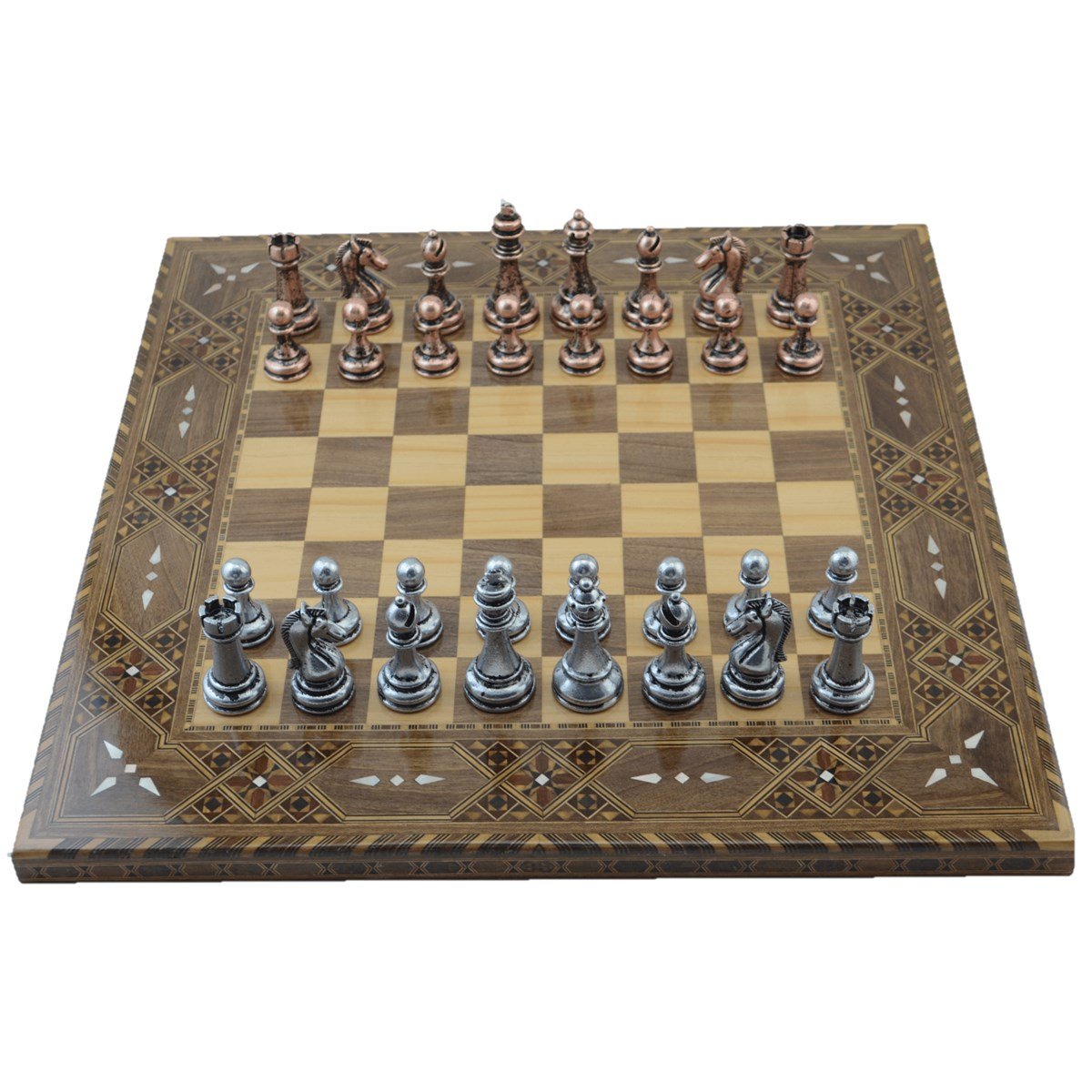 Metal Klasik Satranç Takımı Antik  ve El Yapımı Düz Masif Ahşap Satranç Tahtası