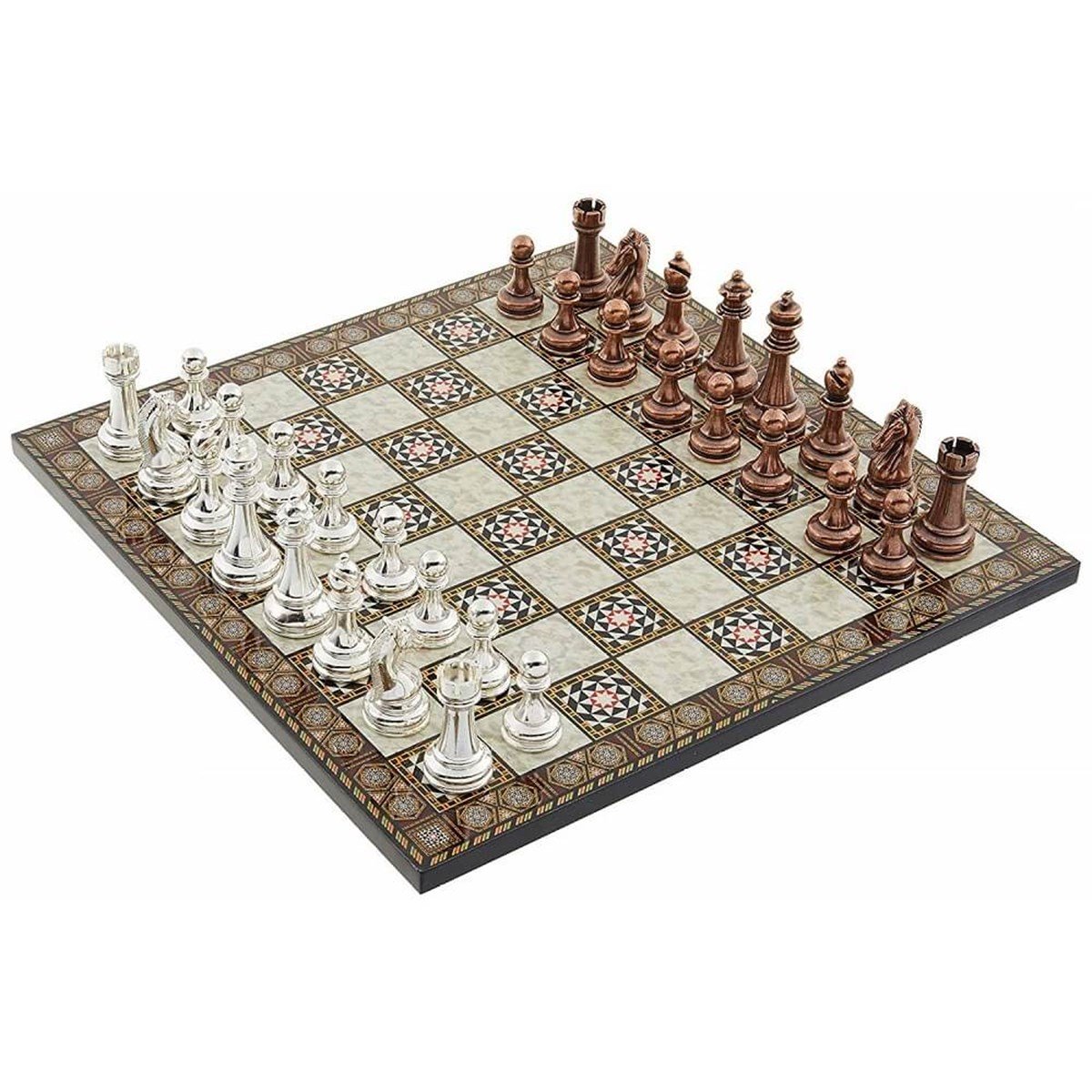 Metal Klasik Satranç Takımı Antik  ve Sedef Desenli MDF Ahşap Satranç  Tahtası (37x37 cm.)