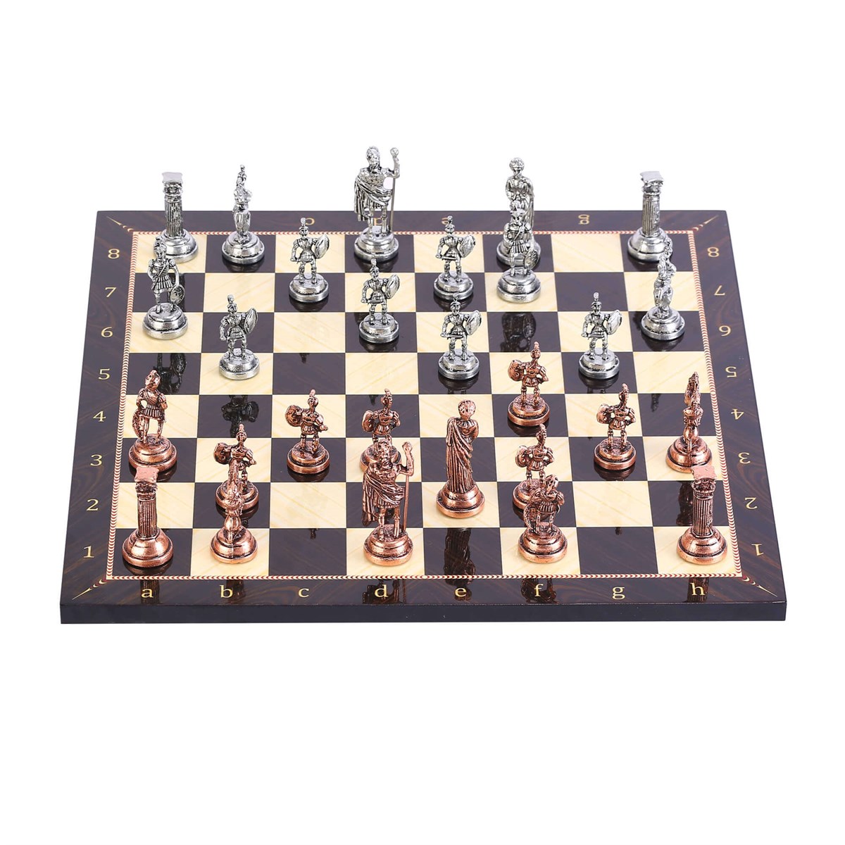 Orta Boy Metal Roma Satranç Takımı Antik ve Ceviz Desenli MDF Ahşap Satranç Tahtası (37x37 cm.)
