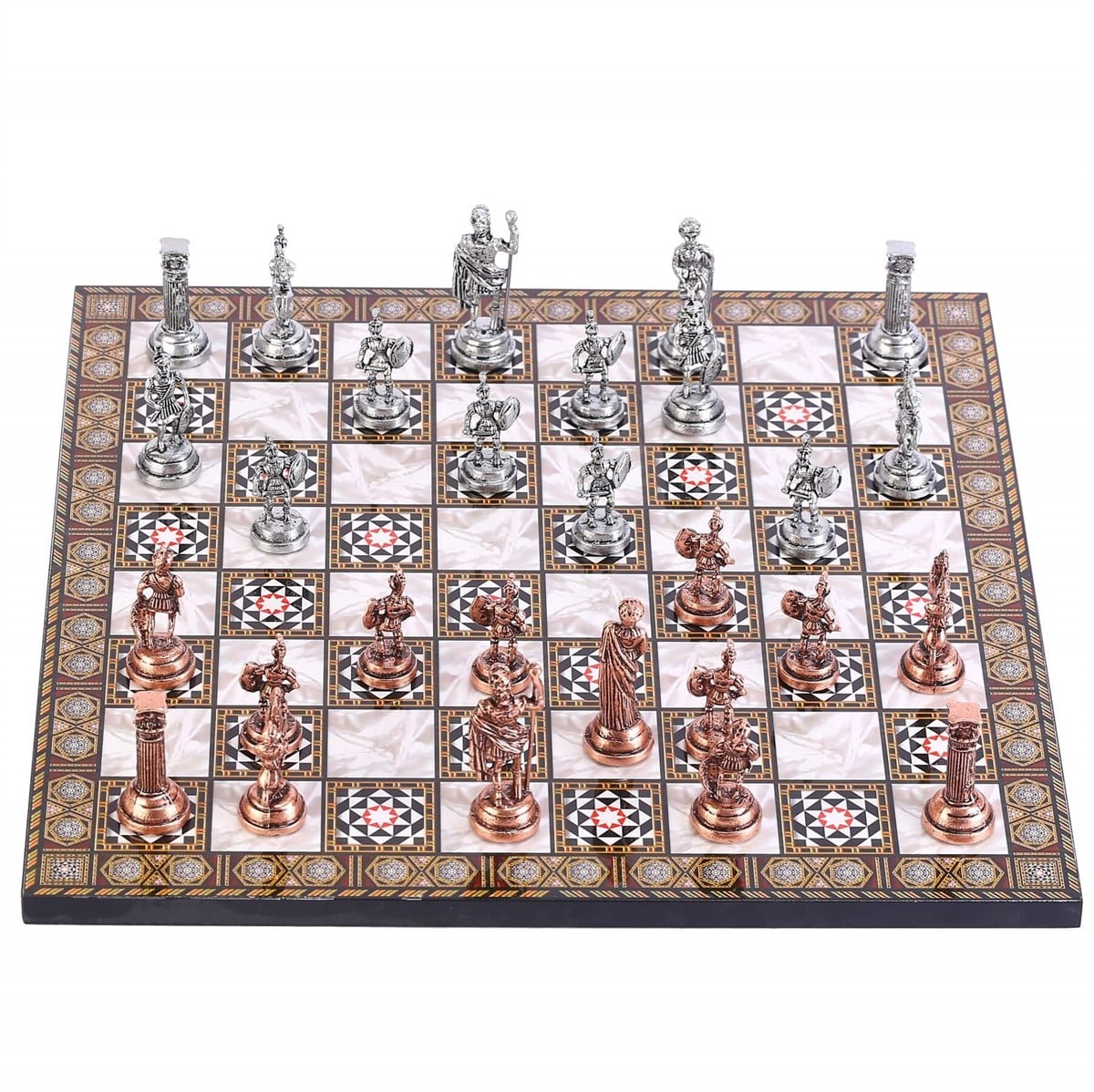 Orta Boy Metal Roma Satranç Takımı Antik ve Sedef Desenli MDF Ahşap Satranç Tahtası (37x37 cm.)