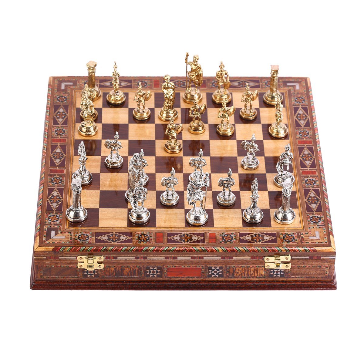 Orta Boy Metal Roma Satranç Takımı Parlak ve El Yapımı Masif Ahşap Sandıklı Satranç Tahtası