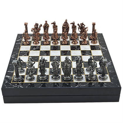 GiftHome Büyük Boy Metal İngiliz Satranç Tk. Antik ve Mermer Desenli Sandıklı MDF Tahtası(36X36 cm.) 