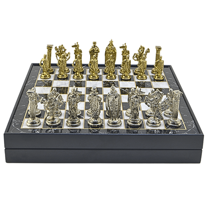 GiftHome Büyük Boy Metal İNGİLİZ Satranç Tk. Parlak ve Mermer Desenli Sandıklı MDF Tahtası(36X36X6 cm.) 