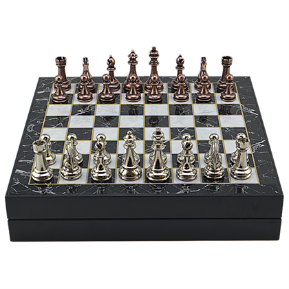GiftHome Büyük Boy Metal Klasik Satranç Tk. Antik ve Mermer Desenli Sandıklı MDF Tahtası(36X36 cm.) 