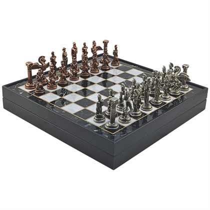 GiftHome Büyük Boy Metal PEGASUS Satranç Tk. Antik ve Mermer Desenli Sandıklı MDF Tahtası(36X36X6 cm.) 