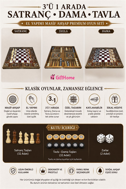 Gifthome El Yapımı Masif Ahşap SATRANÇ, TAVLA ve DAMA SETİ | 3'ü 1 Arada Premium Oyun Takımı