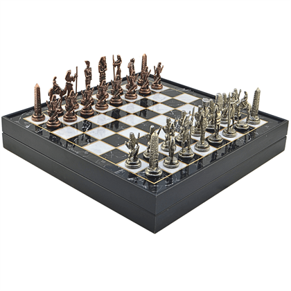 GiftHome Metal MISIR Satranç Takımı Antik ve Mermer Desenli MDF Sandıklı Satranç Tahtası (36X36X6 cm.)