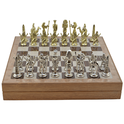 GiftHome Metal MISIR Satranç Takımı Parlak ve Rustik Desenli MDF Sandıklı Satranç Tahtası (36X36X6 cm.)