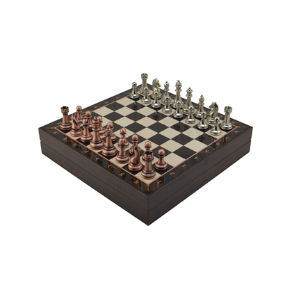 GiftHome Orta Boy Antik Metal Klasik Satranç Takımı ve Ceviz Desenli Sandıklı MDF Tahtası (30X30X6 cm.)