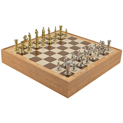 GiftHome Orta Boy Metal İNGİLİZ Satranç Tk. Parlak ve Rustik Desenli Sandıklı MDF Tahtası(36X36X6 cm.) 
