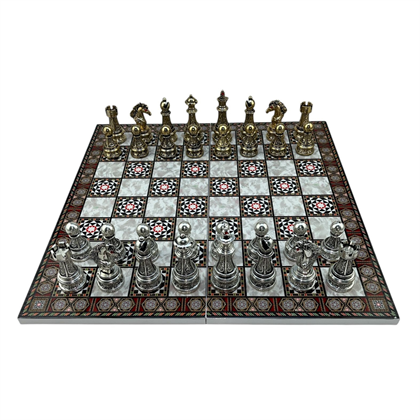 GiftHome Premium Battal Boy Metal İŞLEMELİ KLASİK Satranç Takımı  ve Katlanır Sedef Desenli MDF Satranç Tahtası (43X43 cm.)