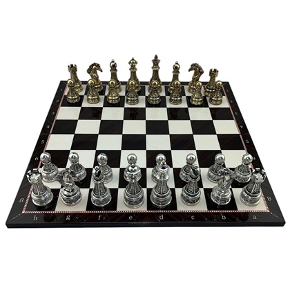 GiftHome Premium Battal Boy Metal İŞLEMELİ KLASİK Satranç Takımı  ve Katlanır Ceviz Desenli MDF Satranç Tahtası (43X43 cm.)