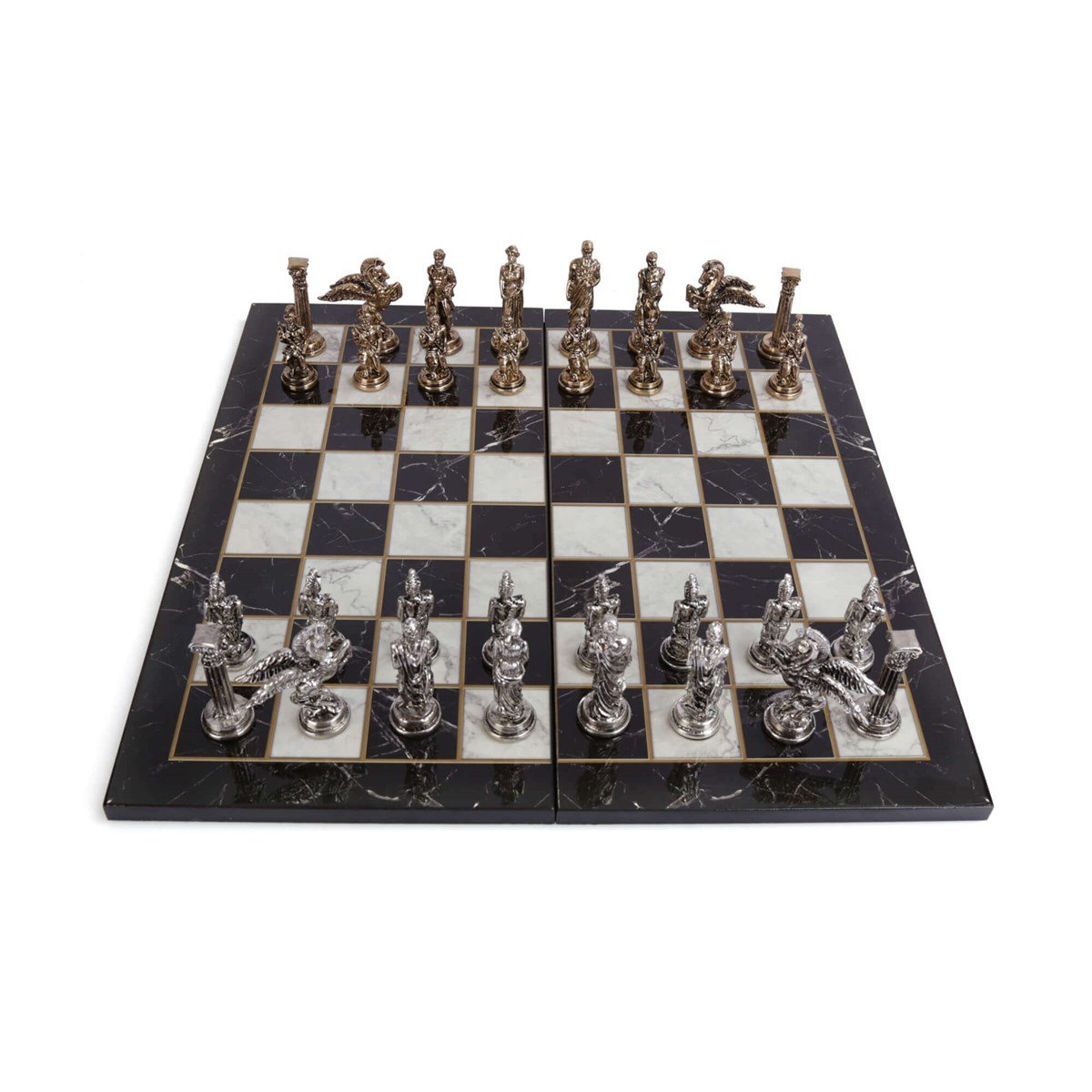 5 No. PEGASUS Parlak Satranç Taşları ve Katlanır Mermer Desenli MDF Ahşap Satranç Tahtası (43x43 cm.)