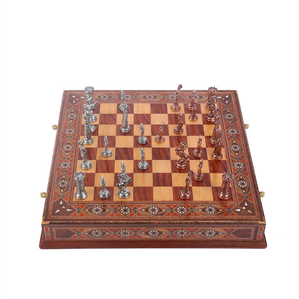 Battal Boy Metal İngiliz Satranç Taşları Antik ve El Yapımı, Masif Ahşap, Hakiki Sedef Süslemeli ve Çekmeceli Tahta