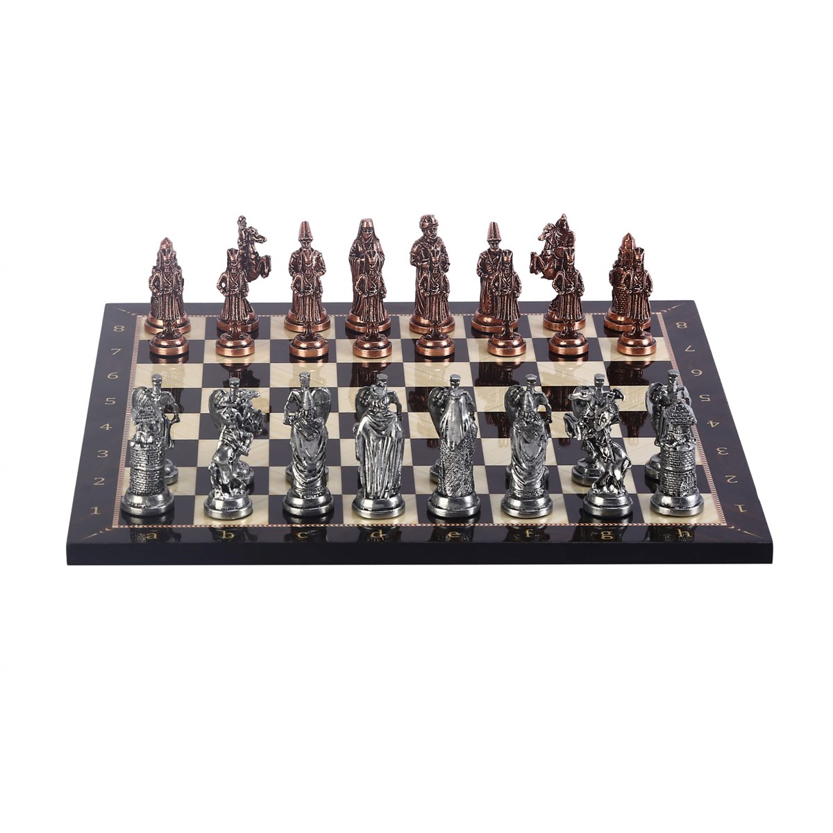 Büyük Boy Metal Osmanlı Bizans Satranç Takımı Antik ve Ceviz Desenli MDF Ahşap Satranç Tahtası (37x37 cm.)