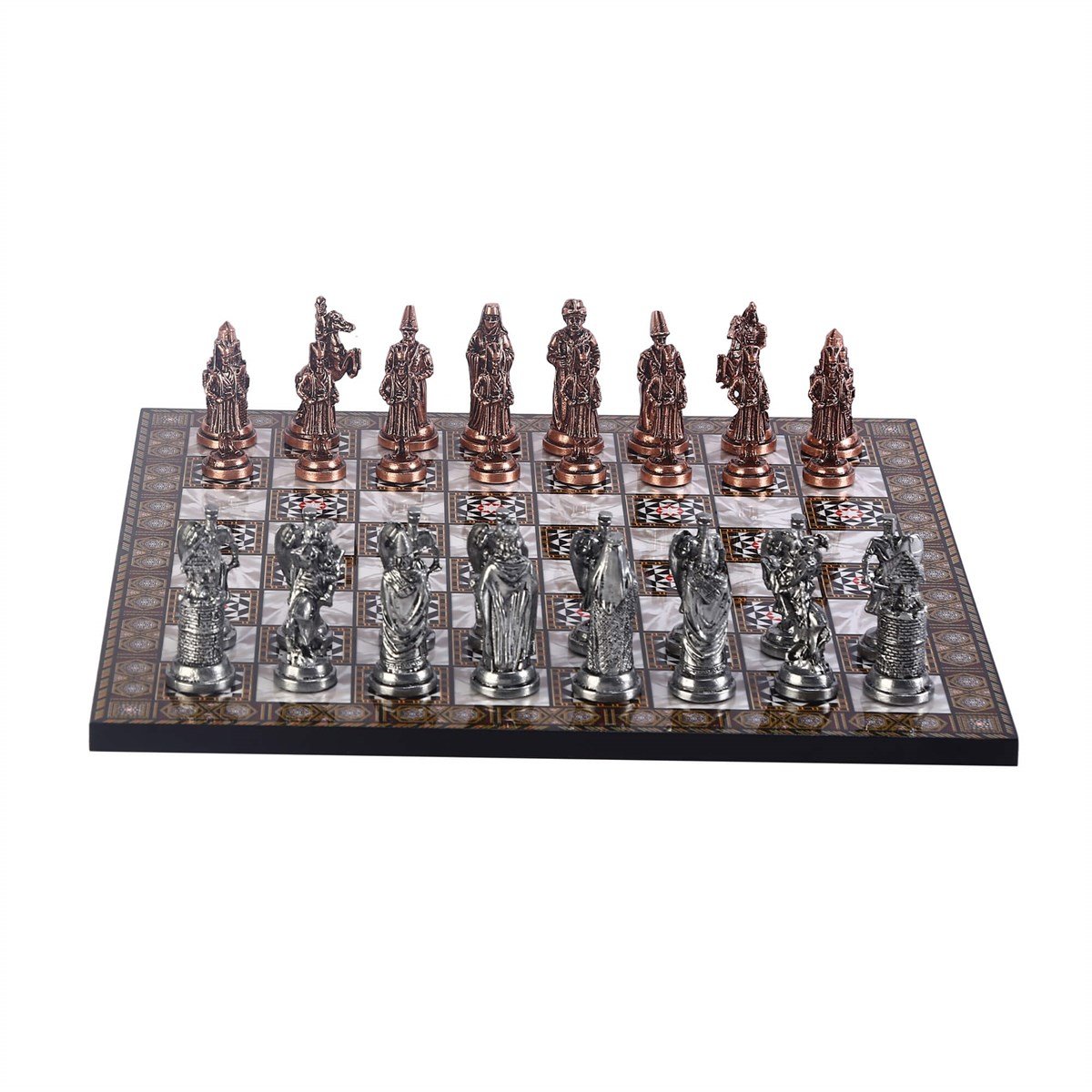 Büyük Boy Metal Osmanlı Bizans Satranç Takımı Antik ve Sedef Desenli MDF Ahşap Satranç Tahtası (37x37 cm.)