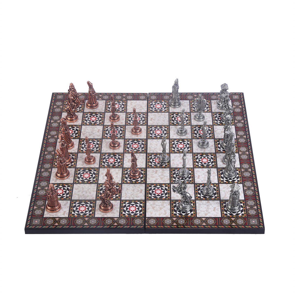 Büyük Boy Metal Osmanlı Bizans Satranç Takımı Antik ve Katlanır Sedef Desenli MDF Ahşap Satranç Tahta (43x43 cm.)