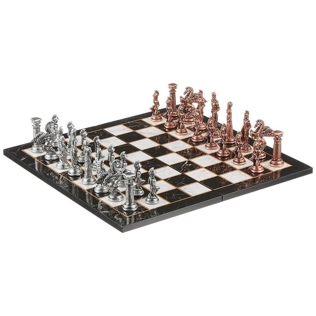 Battal Boy Metal Pegasus Atları Satranç Takımı Antik ve Katlanır Mermer Desenli MDF Ahşap Satranç Tahta (43x43 cm.)