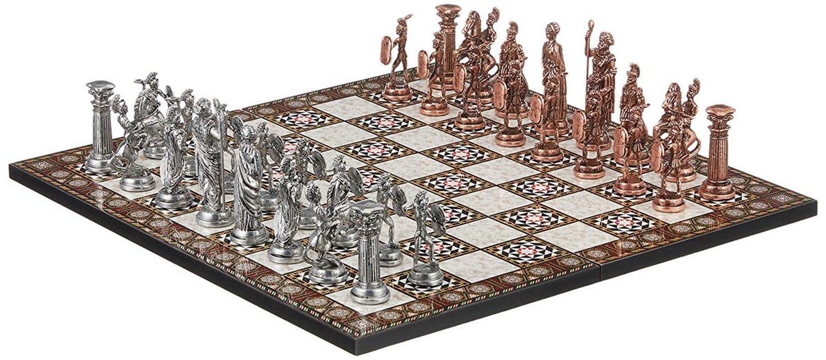 Battal Boy Metal Roma Satranç Takımı Antik ve Katlanır Sedef Desenli MDF Ahşap Satranç Tahta (43x43 cm.)