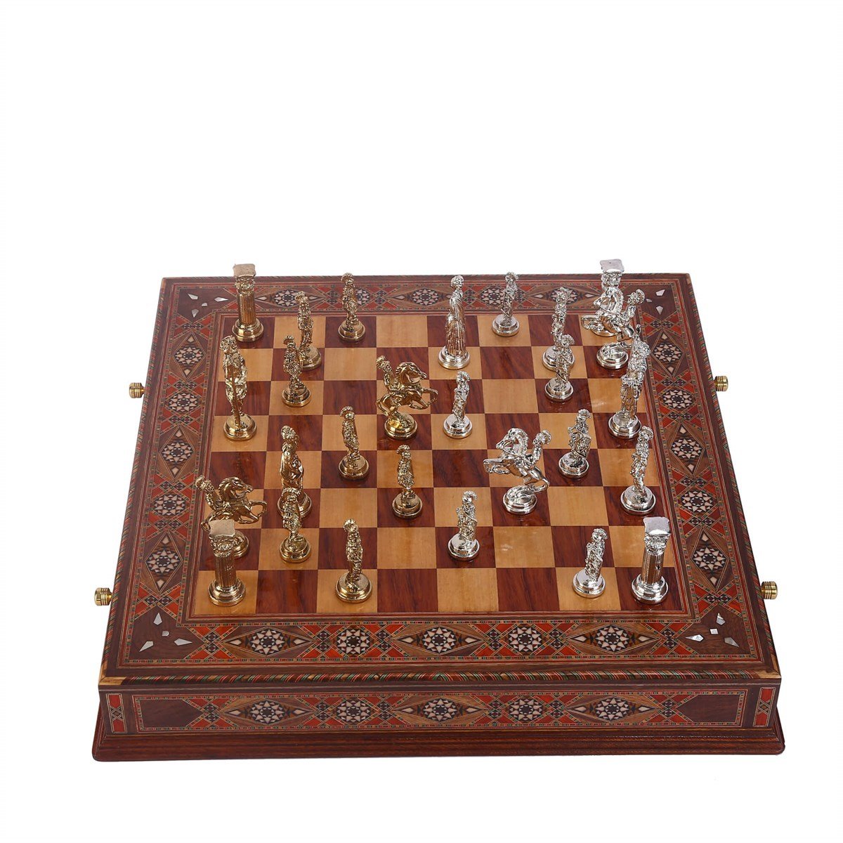 Büyük Boy Metal Roma Satranç Taşları Parlak ve El Yapımı, Masif Ahşap, Hakiki Sedef Süslemeli ve Çekmeceli Tahta