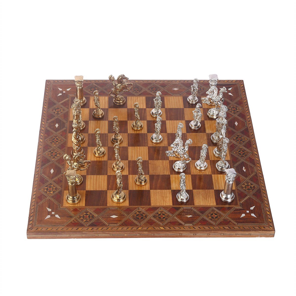 Battal Boy Metal Roma Satranç Takımı Parlak ve El Yapımı Masif Ahşap Satranç Tahtası