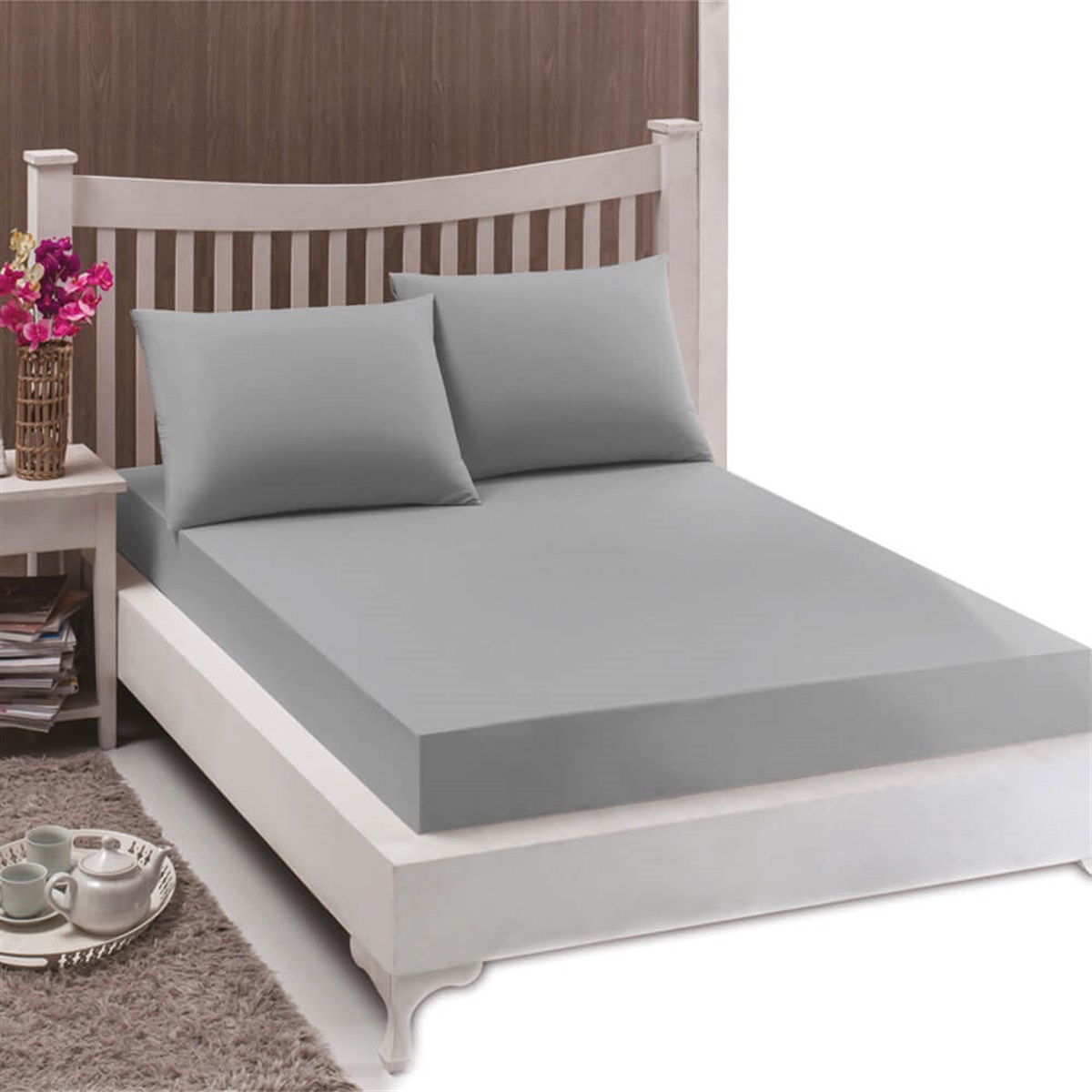 Çarşaf Takımı Düz Gri Renkli Lastikli Çift Kişilik