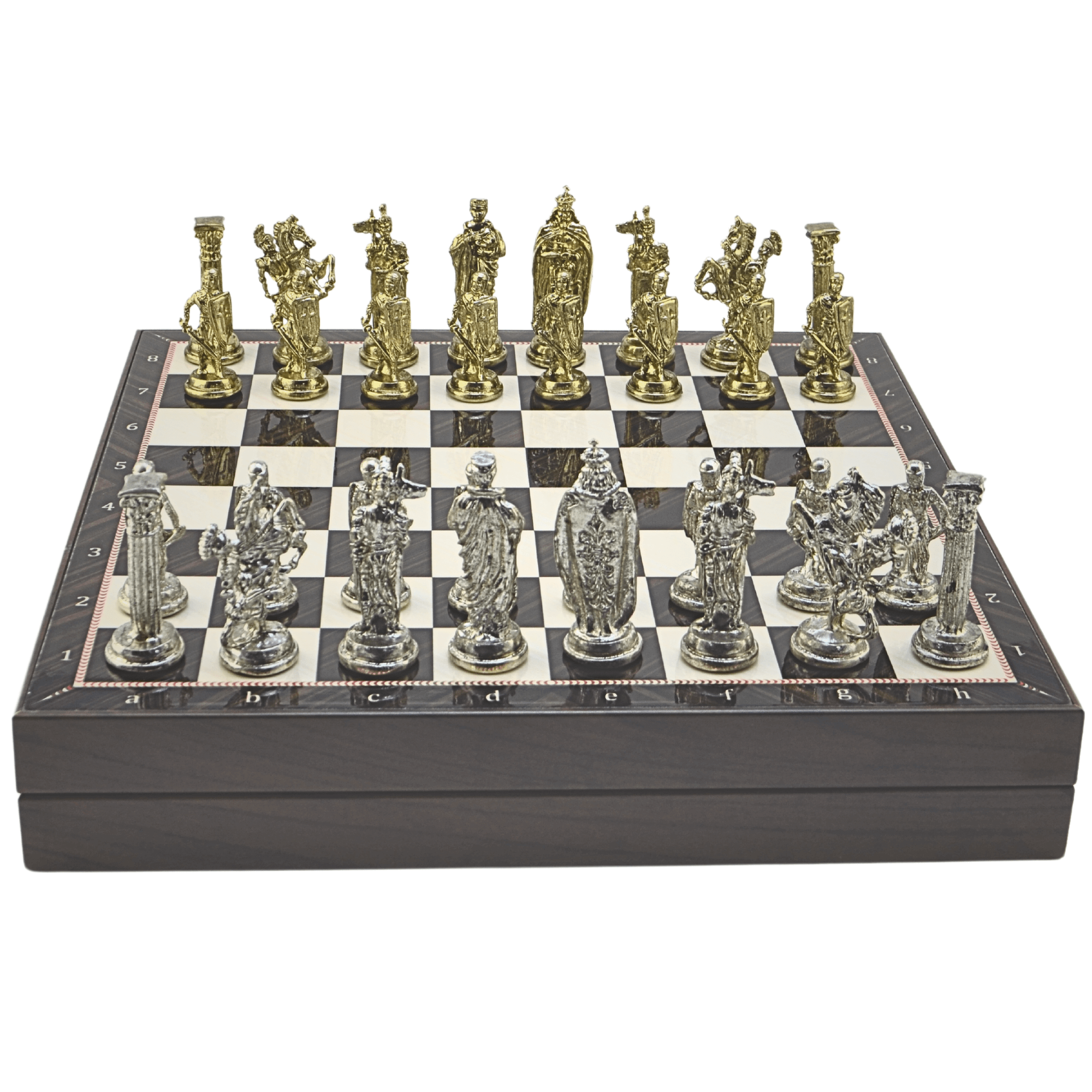 GiftHome Büyük Boy Metal İNGİLİZ Satranç Tk. Parlak ve Ceviz Desenli Sandıklı MDF Tahtası(36X36X6 cm.) 