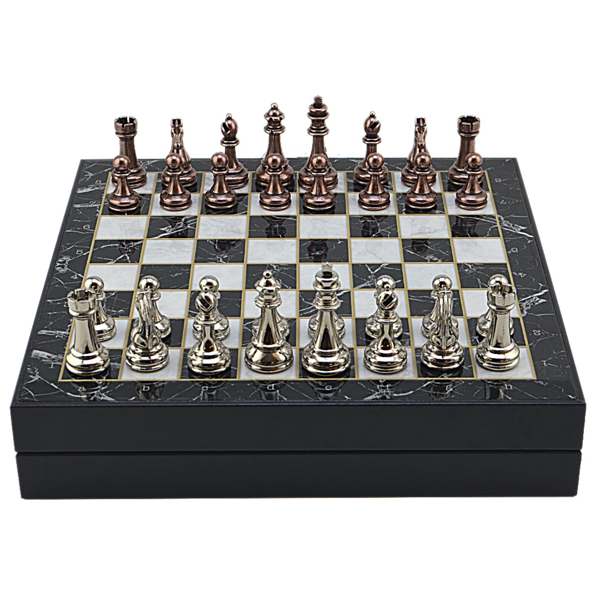 GiftHome Büyük Boy Metal Klasik Satranç Tk. Antik ve Mermer Desenli Sandıklı MDF Tahtası(36X36 cm.) 