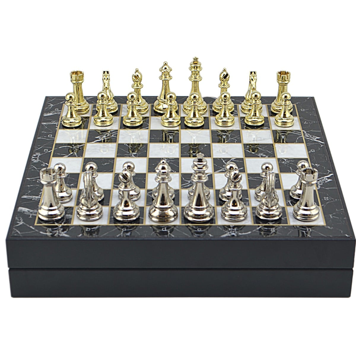 GiftHome Büyük Boy Metal Klasik Satranç Tk. Parlak ve Mermer Desenli Sandıklı MDF Tahtası(36X36X6 cm.) 