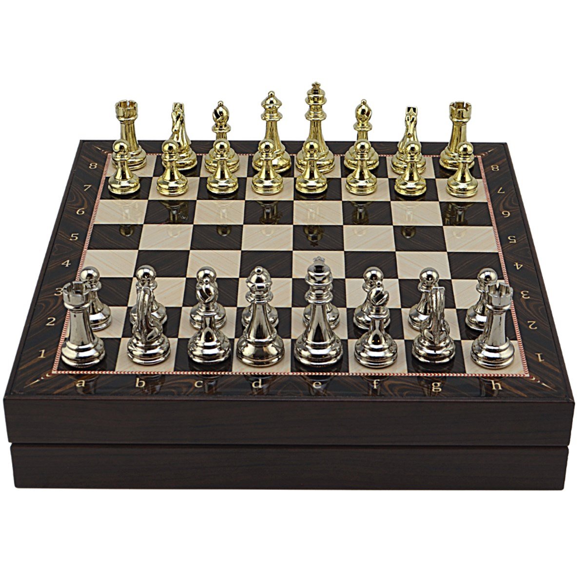 GiftHome Büyük Boy Metal Klasik Satranç Tk. Parlak ve Ceviz Desenli Sandıklı MDF Tahtası(36X36 cm.) 