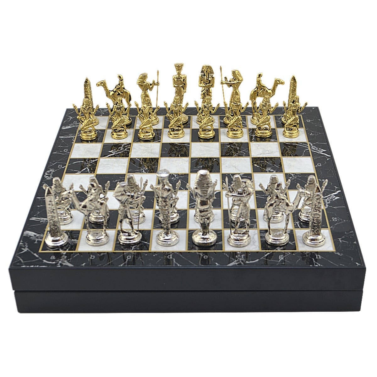 GiftHome Büyük Boy Metal Mısır Satranç Tk. Parlak ve Mermer Desenli Sandıklı MDF Tahtası(36X36X6 cm.) 
