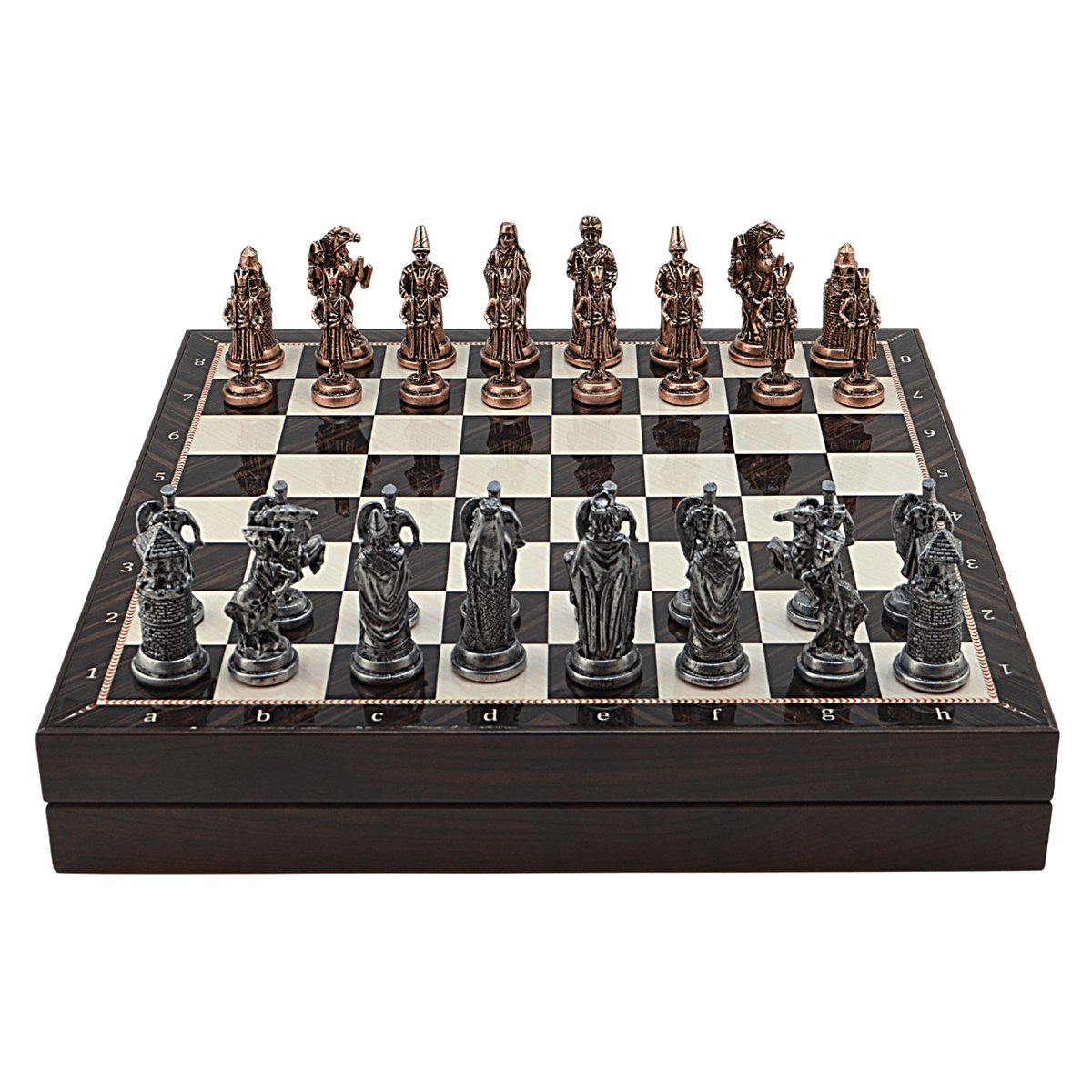 GiftHome Büyük Boy Metal OSMANLI-BİZANS Satranç Tk. Antik ve Ceviz Desenli Sandıklı MDF Tahtası(36X36 cm.) 