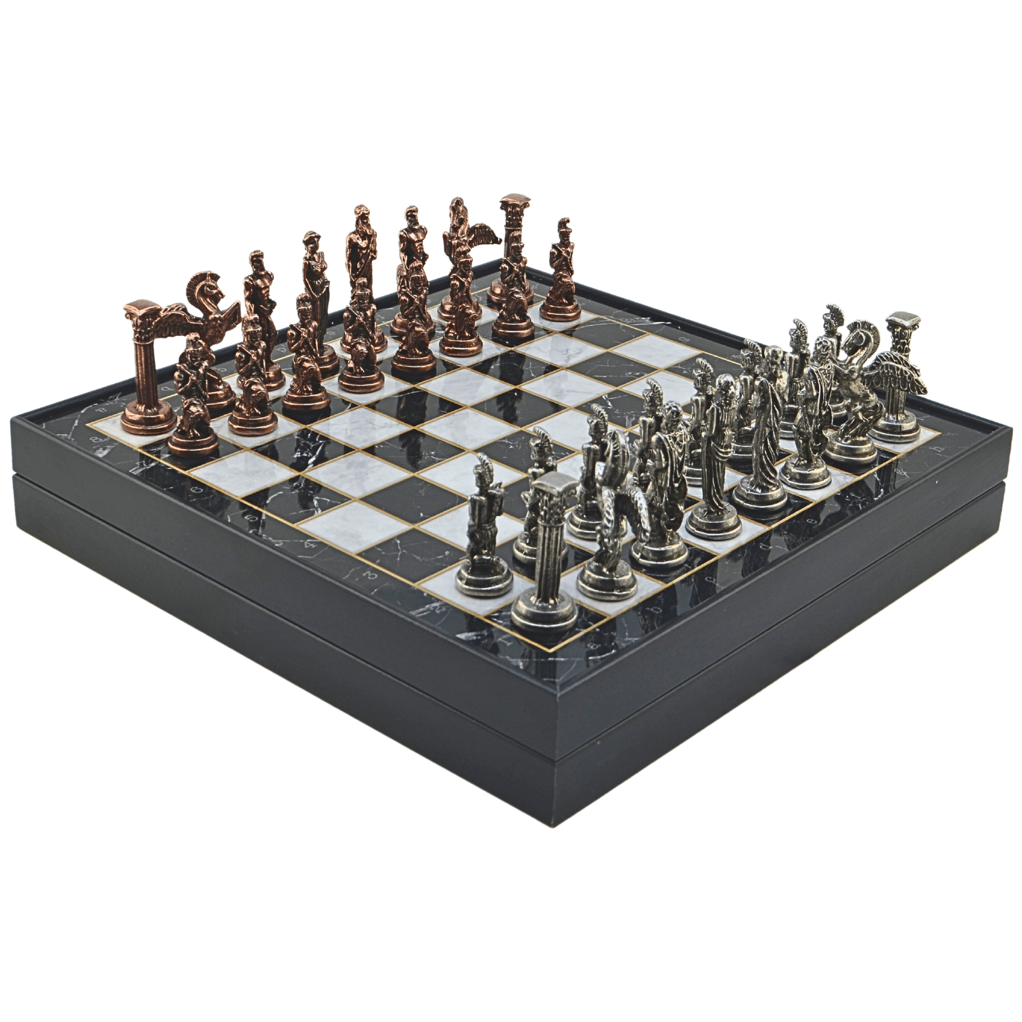 GiftHome Büyük Boy Metal PEGASUS Satranç Tk. Antik ve Mermer Desenli Sandıklı MDF Tahtası(36X36X6 cm.) 