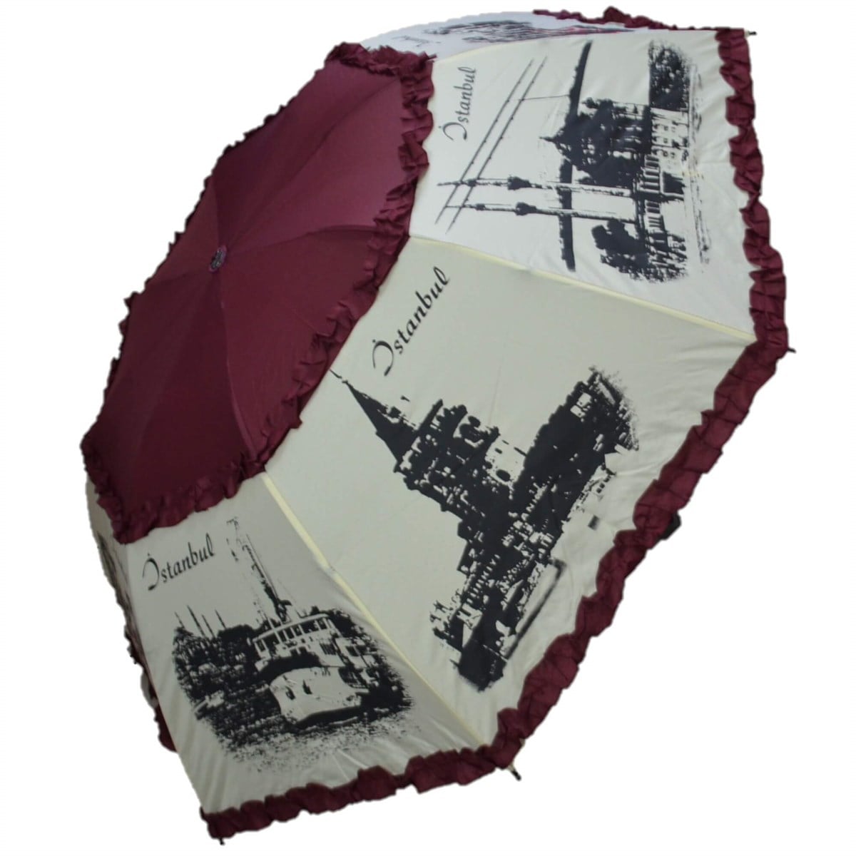 GiftHome İstanbul Desenli Katlanır Kadın Şemsiye Bordo