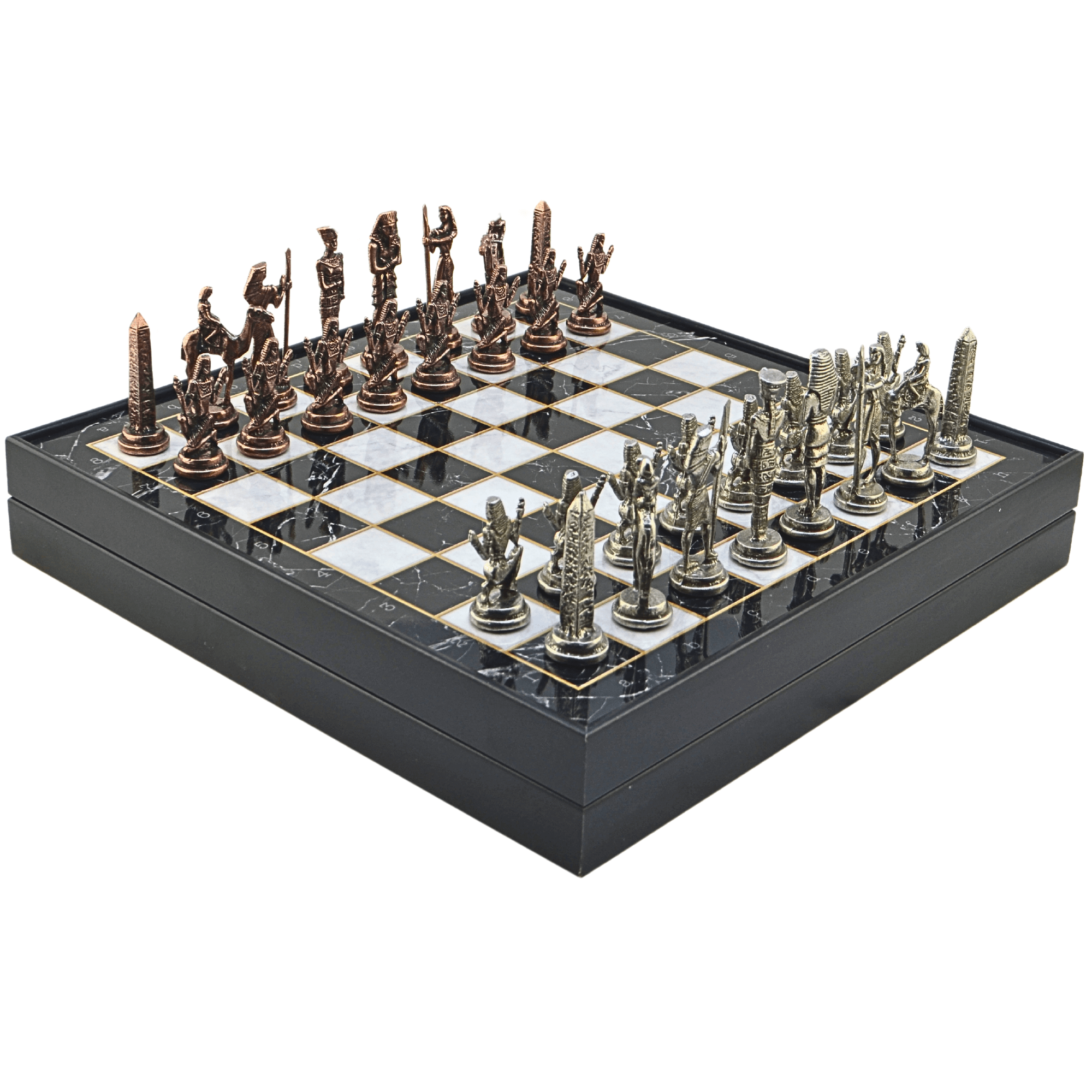 GiftHome Metal MISIR Satranç Takımı Antik ve Mermer Desenli MDF Sandıklı Satranç Tahtası (36X36X6 cm.)