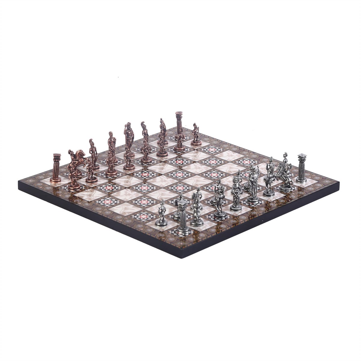 Gifthome Metal Satranç Takımı / Seti ; Küçük Boy, Roma Figürlü, Antik Satranç Taşı ve MDF, Sedef Desenli Satranç Tahtası