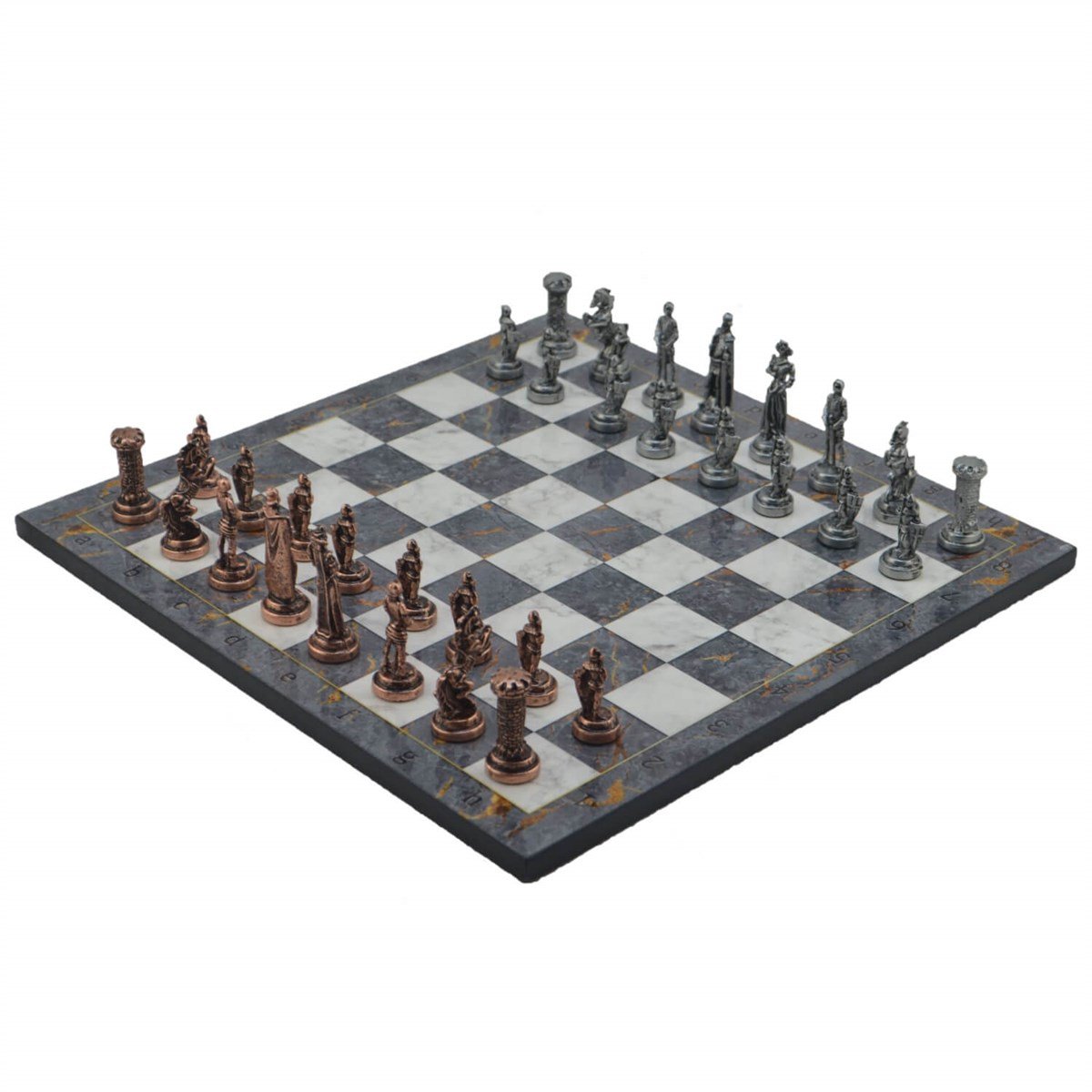 Gifthome Metal Satranç Takımı / Seti ; Orta Boy, İngiliz, Antik, Gri Mermer Desenli Satranç Tahtası