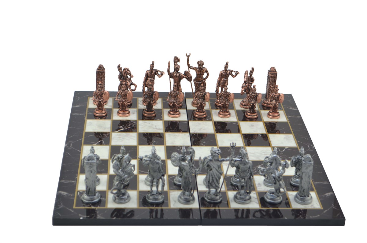 Gifthome Metal Satranç Takımı / Seti; Battal,Yunan,Antik, Kat.Mermer Desenli Satranç Tahtası