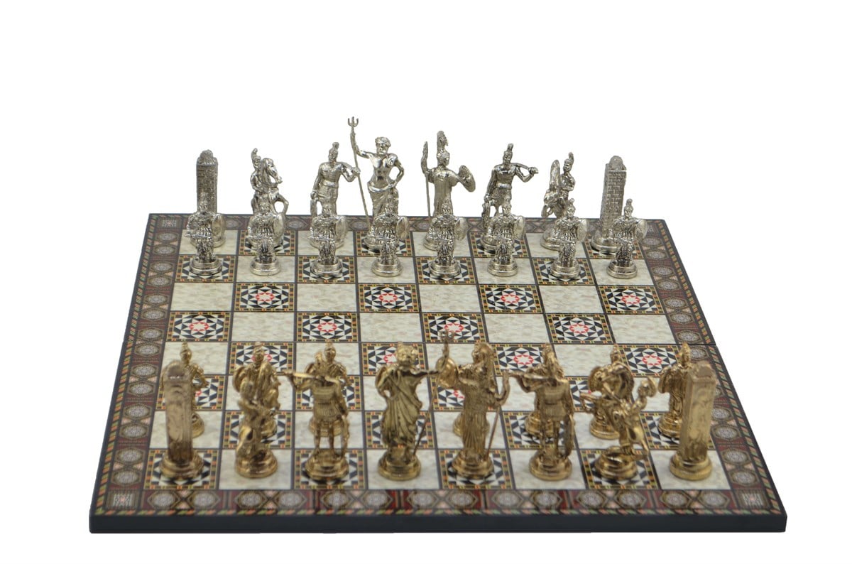 Gifthome Metal Satranç Takımı / Seti; Battal,Yunan,Parlak, Kat.Sedef Desenli Satranç Tahtası