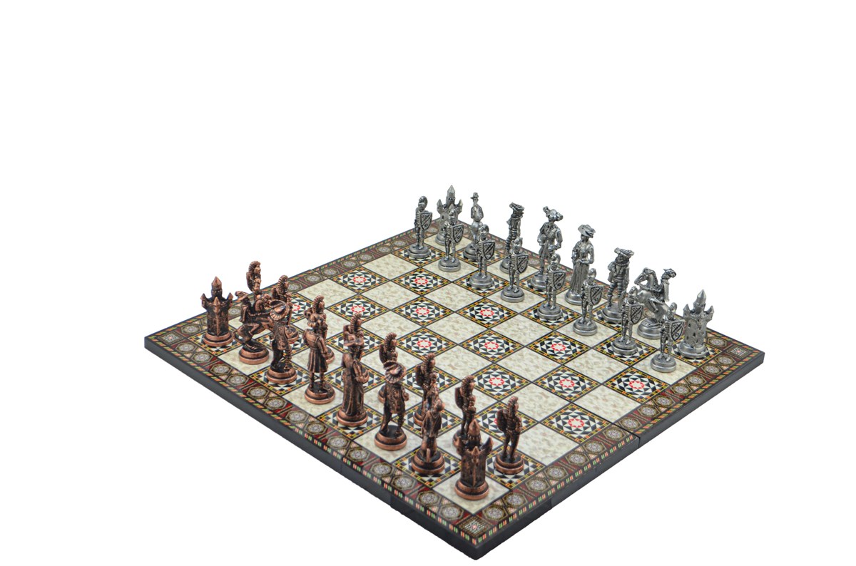 Gifthome Metal Satranç Takımı / Seti; Battal,İspanyol,Antik, Kat.Sedef Desenli Satranç Tahtası