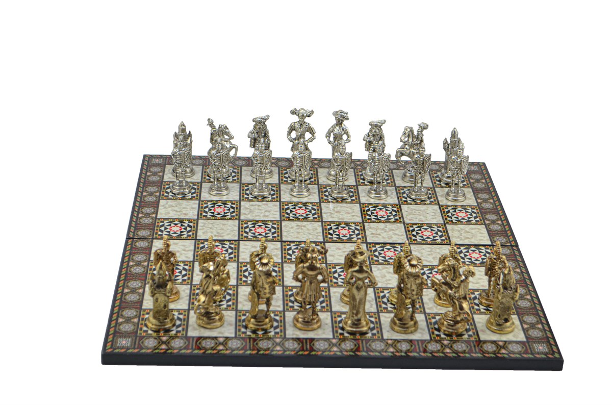 Gifthome Metal Satranç Takımı / Seti; Battal,İspanyol,Parlak, Kat.Sedef Desenli Satranç Tahtası
